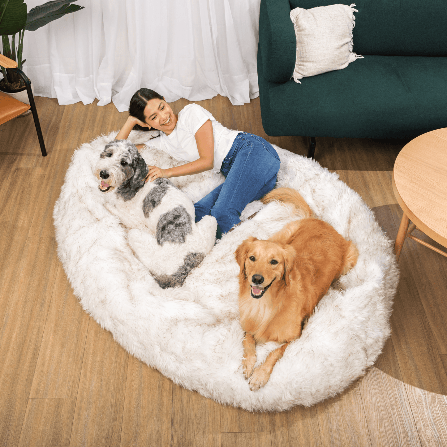 PupCloud™ Human-Size Dog Bed + Matching Waterproof Blanket Bundle - White with Brown Accents PAW