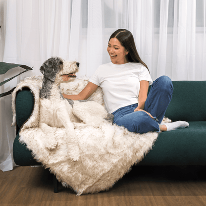 PupCloud™ Human-Size Dog Bed + Matching Waterproof Blanket Bundle - White with Brown Accents PAW