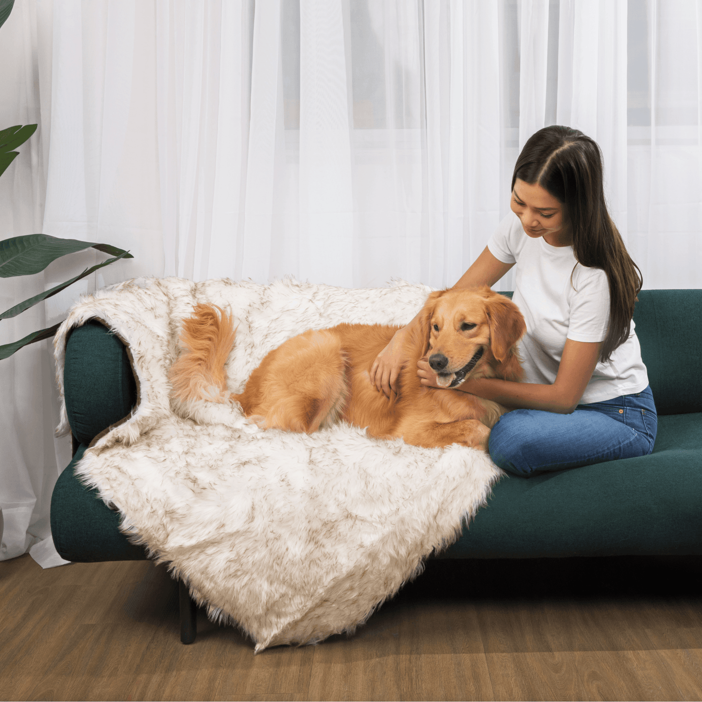 PupCloud™ Human-Size Dog Bed + Matching Waterproof Blanket Bundle - White with Brown Accents PAW