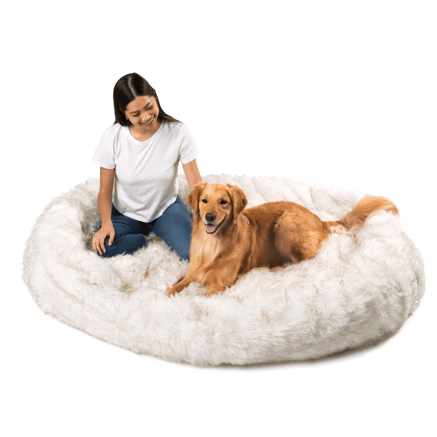 PupCloud™ Human-Size Dog Bed + Matching Waterproof Blanket Bundle - White with Brown Accents PAW
