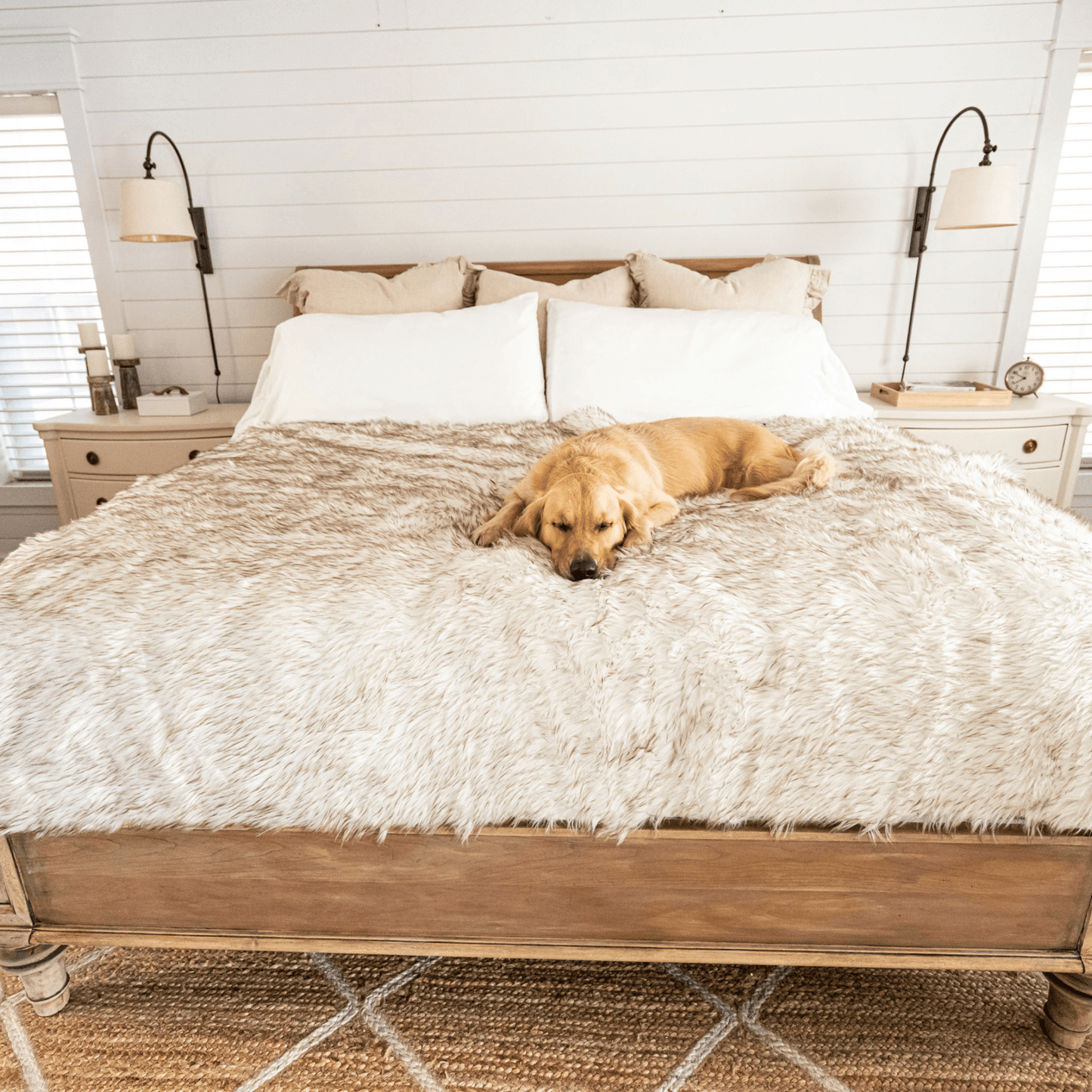 PupCloud™ Human-Size Dog Bed + Matching Waterproof Blanket Bundle - White with Brown Accents PAW