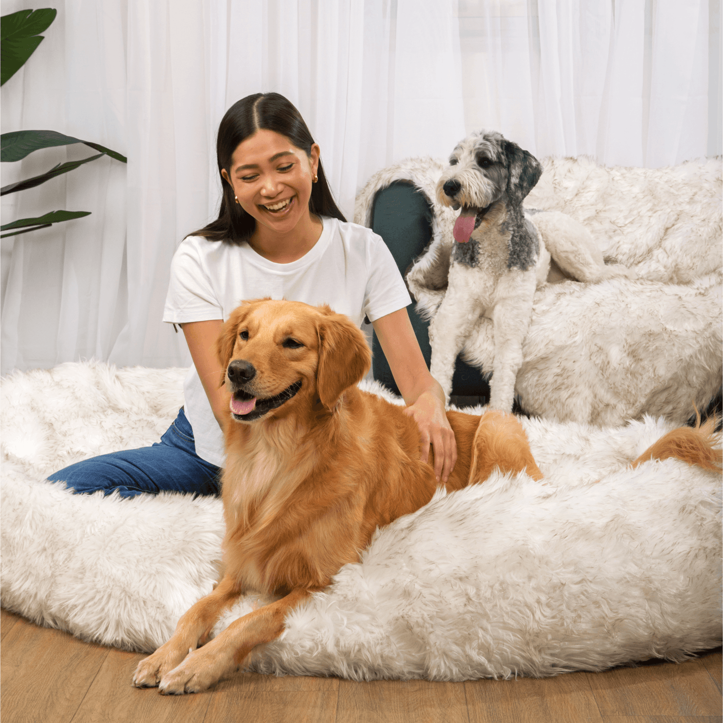 PupCloud™ Human-Size Dog Bed + Matching Waterproof Blanket Bundle - White with Brown Accents PAW
