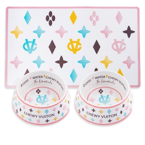 White Chewy Vuiton Bowls & Mat