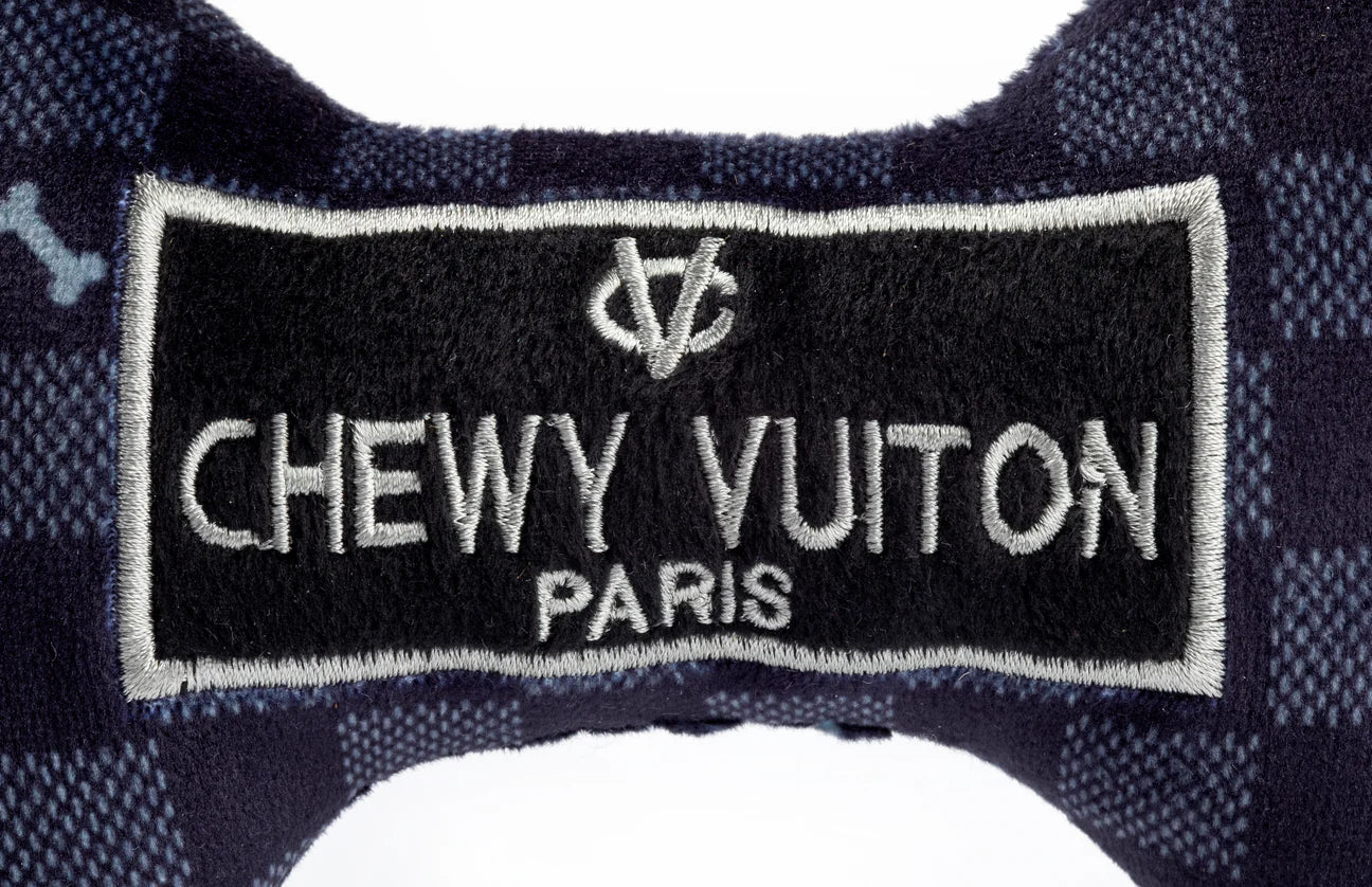 Black Checker Chewy Vuiton Bone Dog Toy with Squeaker