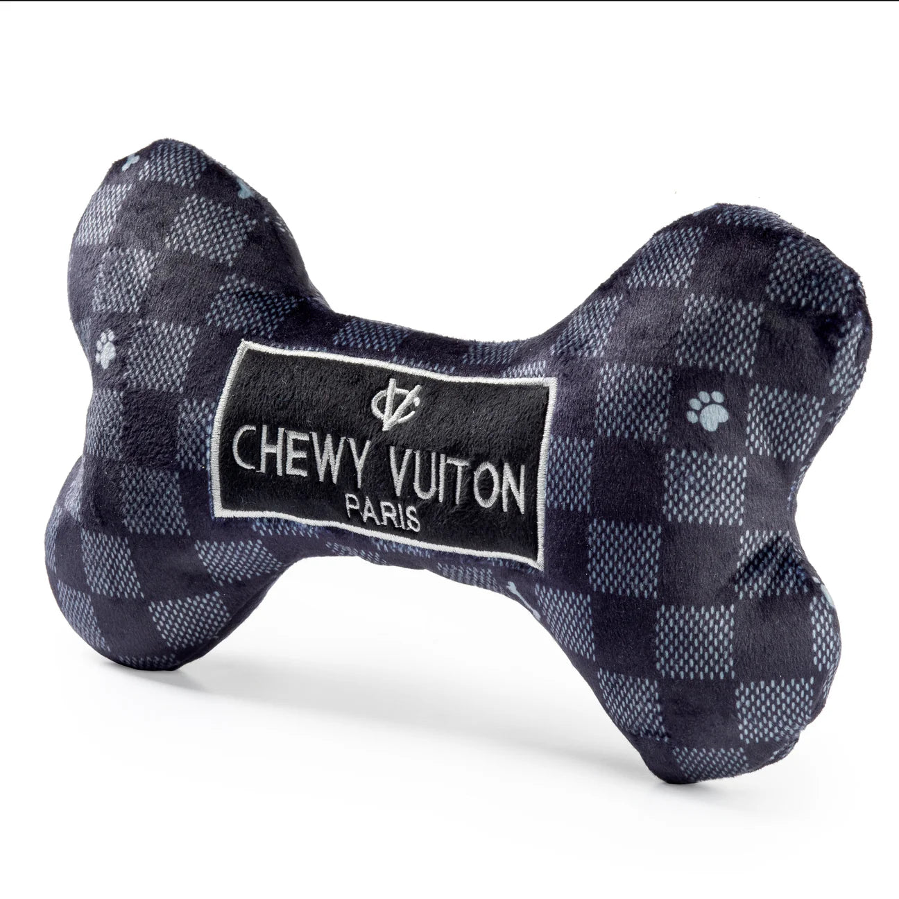 Black Checker Chewy Vuiton Bone Dog Toy with Squeaker