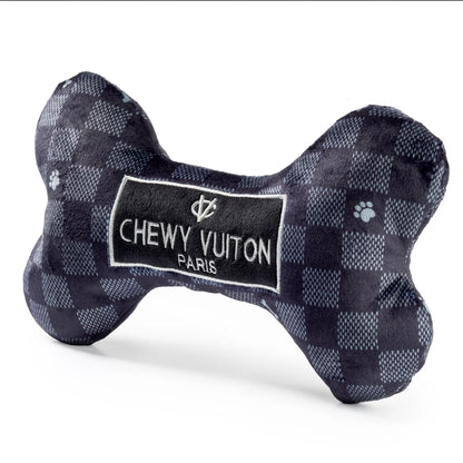 Black Checker Chewy Vuiton Bone Dog Toy with Squeaker