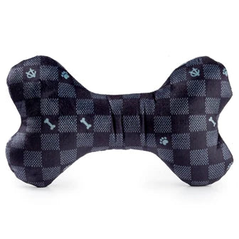 Black Checker Chewy Vuiton Bone Dog Toy with Squeaker