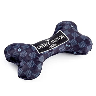 Black Checker Chewy Vuiton Bone Dog Toy with Squeaker